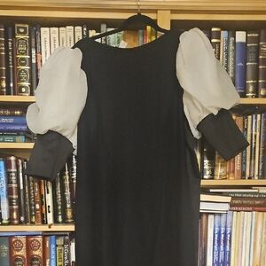 Vintage Elegant Black and White Puff Sleeve Dress